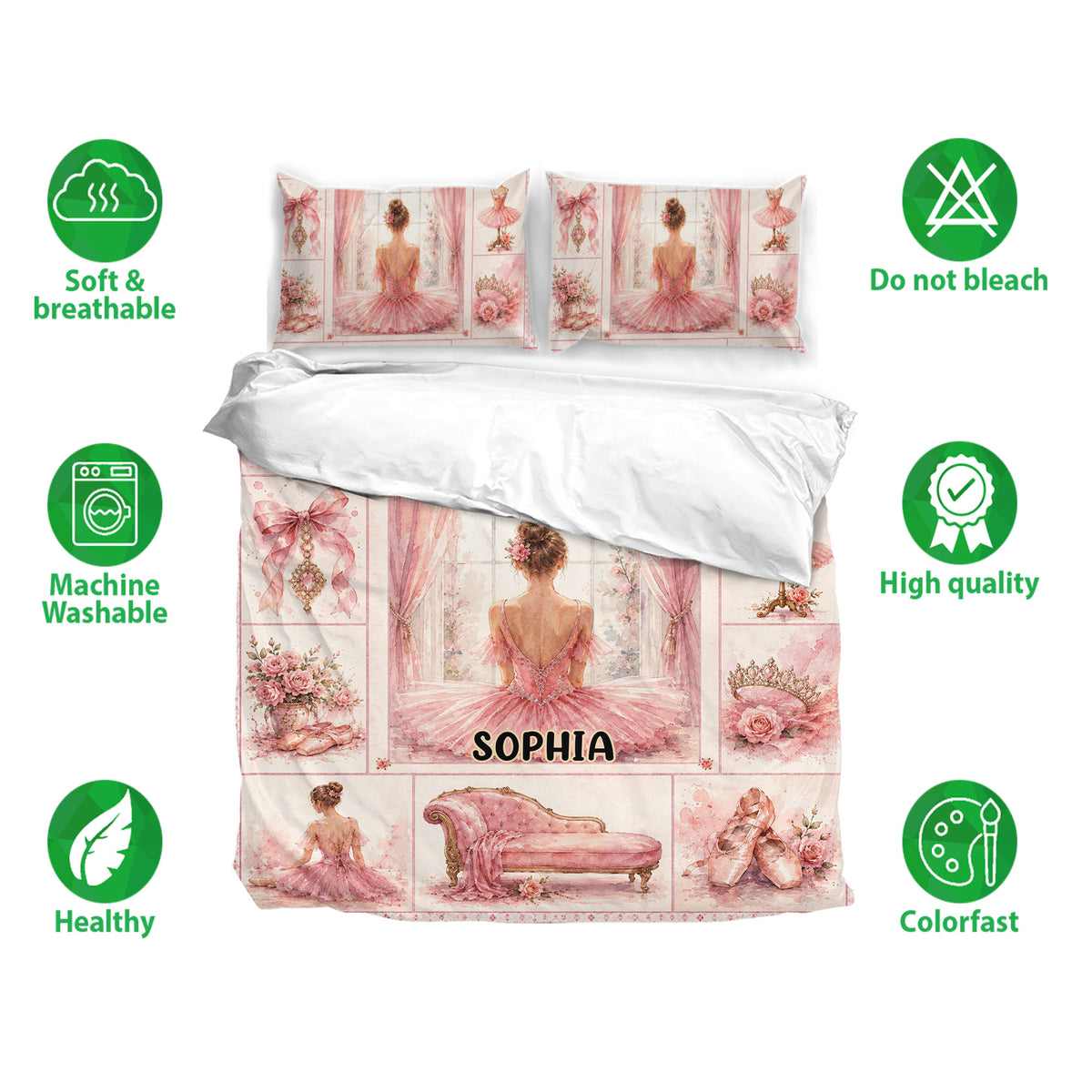 Ballet duvet cover bedding set shown with matching pillowcases and soft pink ballerina artwork in a bedroom display