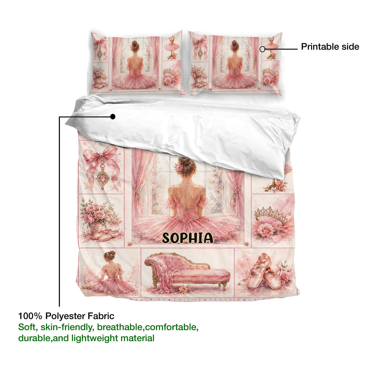 Ballet bedding set detail showing printed fabric, matching pillowcases, ballerina artwork, and soft pink vintage styling