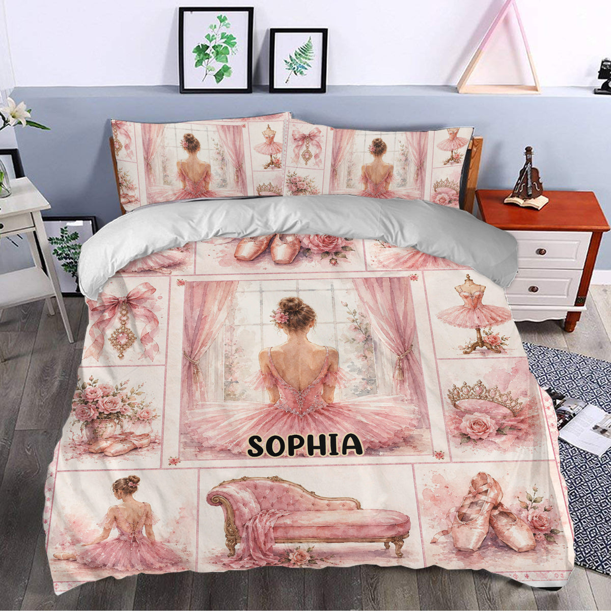 Elegant ballet duvet cover set styled in a bedroom with ballerinas, pointe shoes, roses, and pink decorative artwork