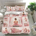 Pink ballerina duvet cover bedding set displayed with matching pillows, pointe shoes, roses, and graceful bedroom decor