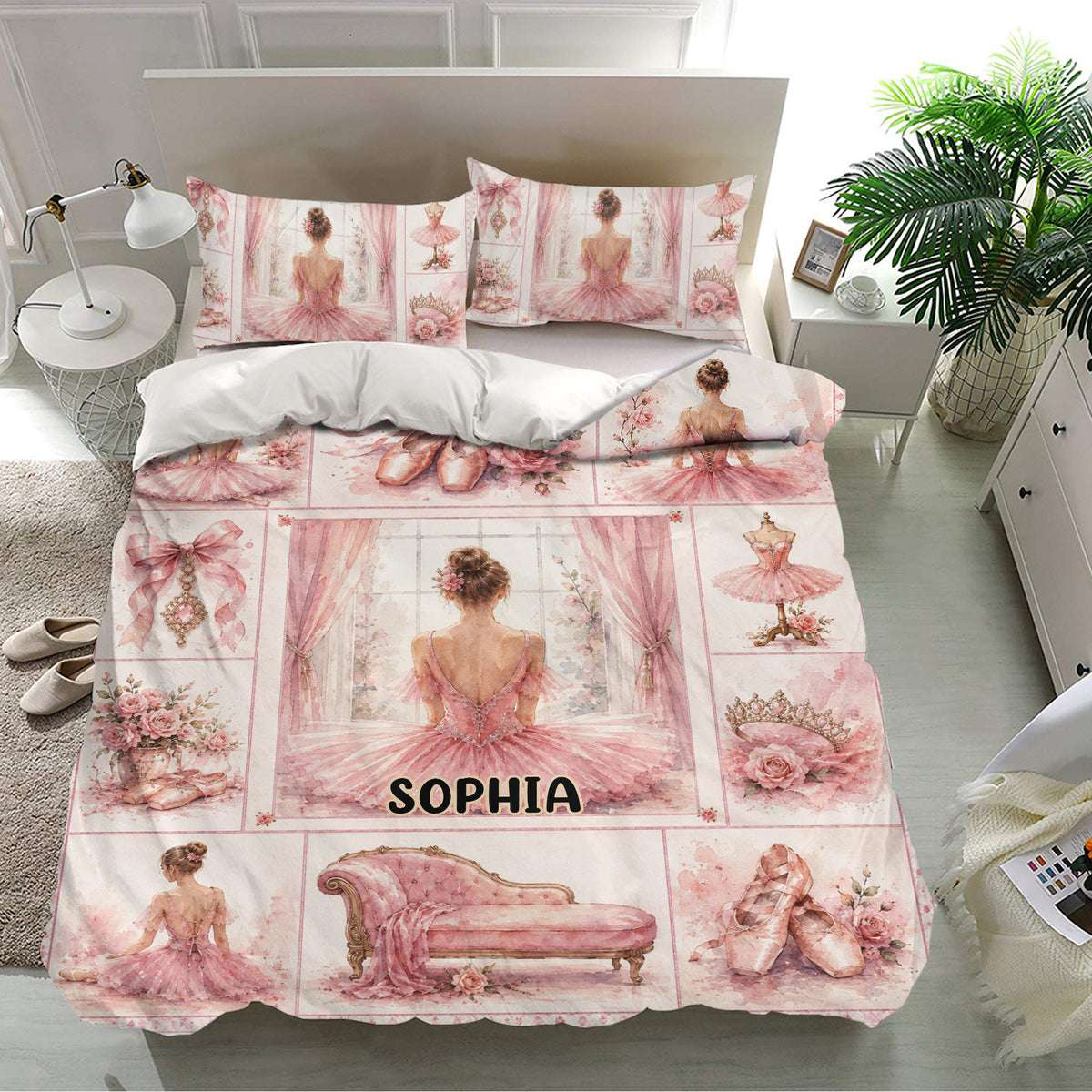 Pink ballerina duvet cover bedding set displayed with matching pillows, pointe shoes, roses, and graceful bedroom decor