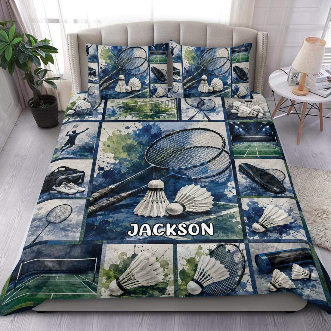Badminton duvet cover set displayed on a bed with rackets, shuttlecocks, courts, and blue watercolor artwork