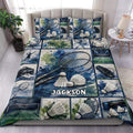 Badminton duvet cover set displayed on a bed with rackets, shuttlecocks, courts, and blue watercolor artwork