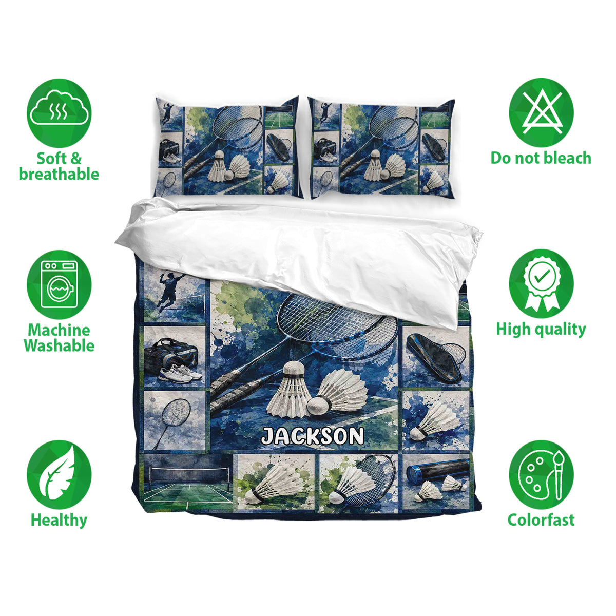 Badminton bedding set with matching pillowcases, racket and shuttlecock artwork, and soft breathable fabric callouts