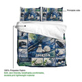 Badminton duvet cover set display highlighting the printed side, polyester fabric, rackets, shuttlecocks, and court scenes