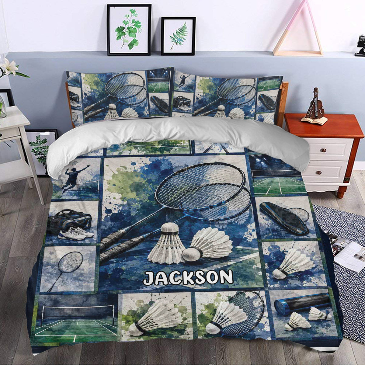 Badminton duvet cover bedding set styled in a bedroom with blue sports artwork, rackets, shuttlecocks, and court details