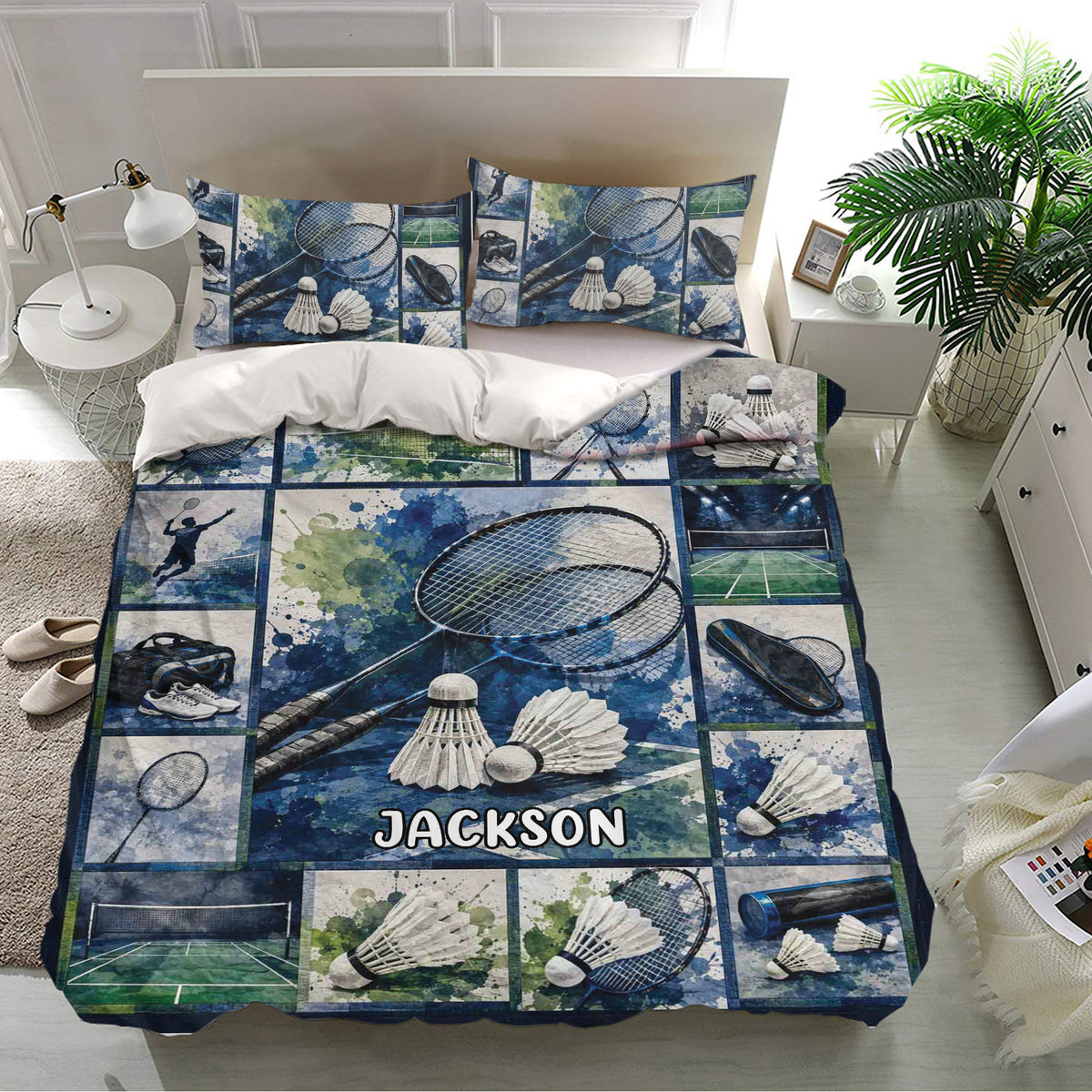 Badminton bedding set in a bright bedroom featuring matching pillowcases and bold blue racket and shuttlecock artwork
