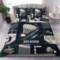 Badminton duvet cover bedding set displayed on a bed with shuttlecock, racket, and court-inspired artwork