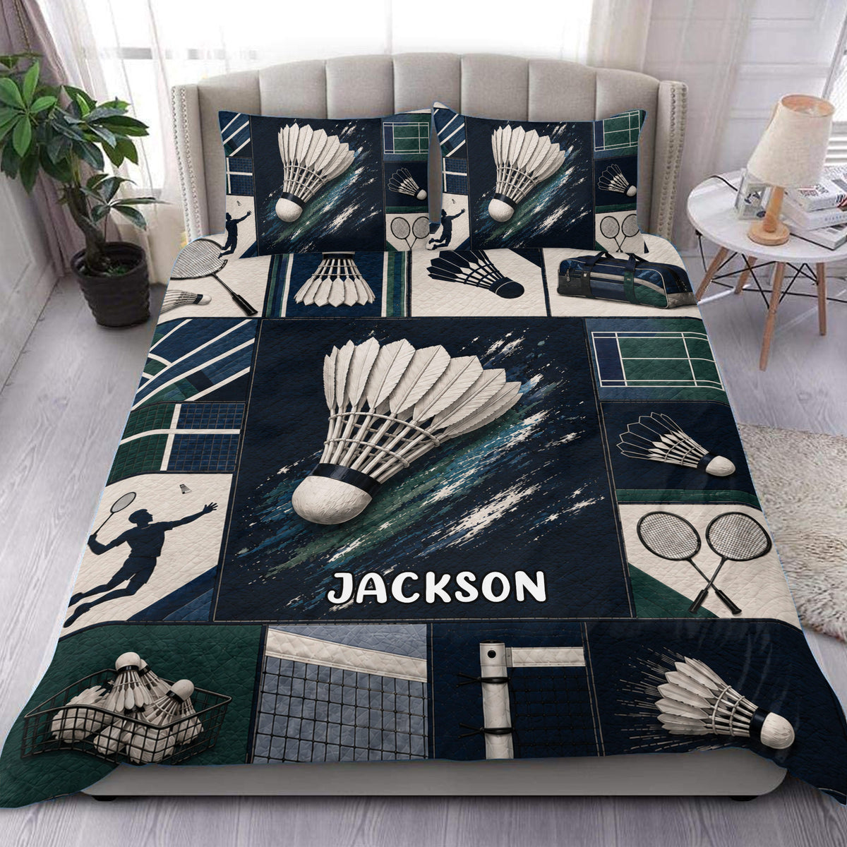 Badminton duvet cover bedding set displayed on a bed with shuttlecock, racket, and court-inspired artwork