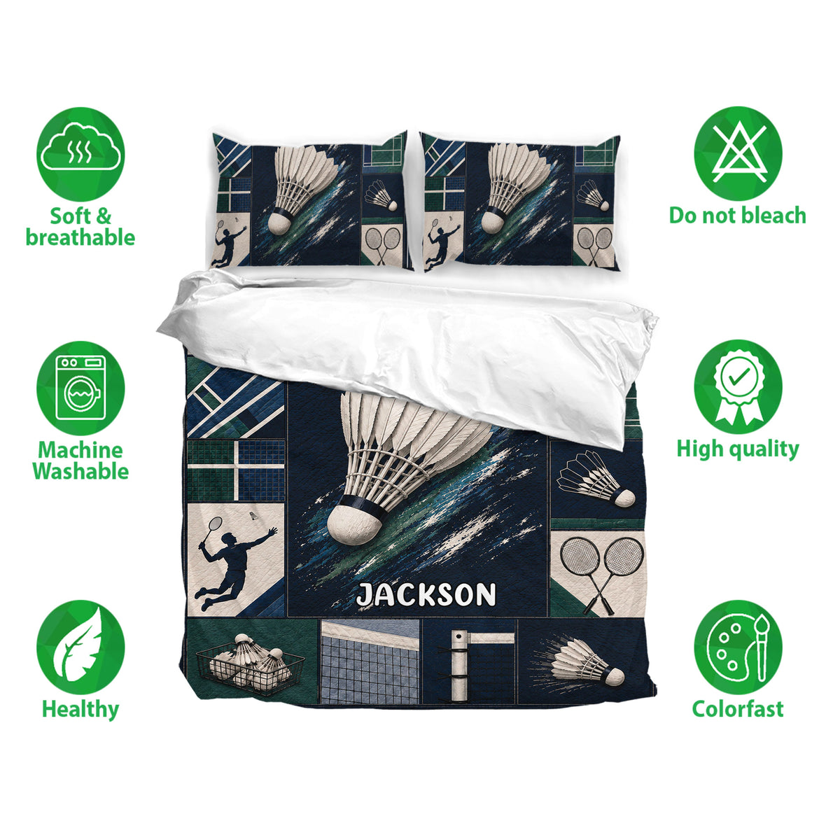 Badminton bedding set with shuttlecock artwork, matching pillowcases, and navy and green bedroom decor