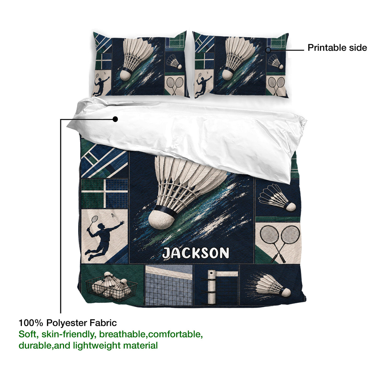 Badminton duvet cover set detail showing printed shuttlecocks, rackets, court lines, and soft fabric