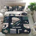 Badminton bedding set displayed in a bright bedroom with shuttlecock, racket, and sports bag details