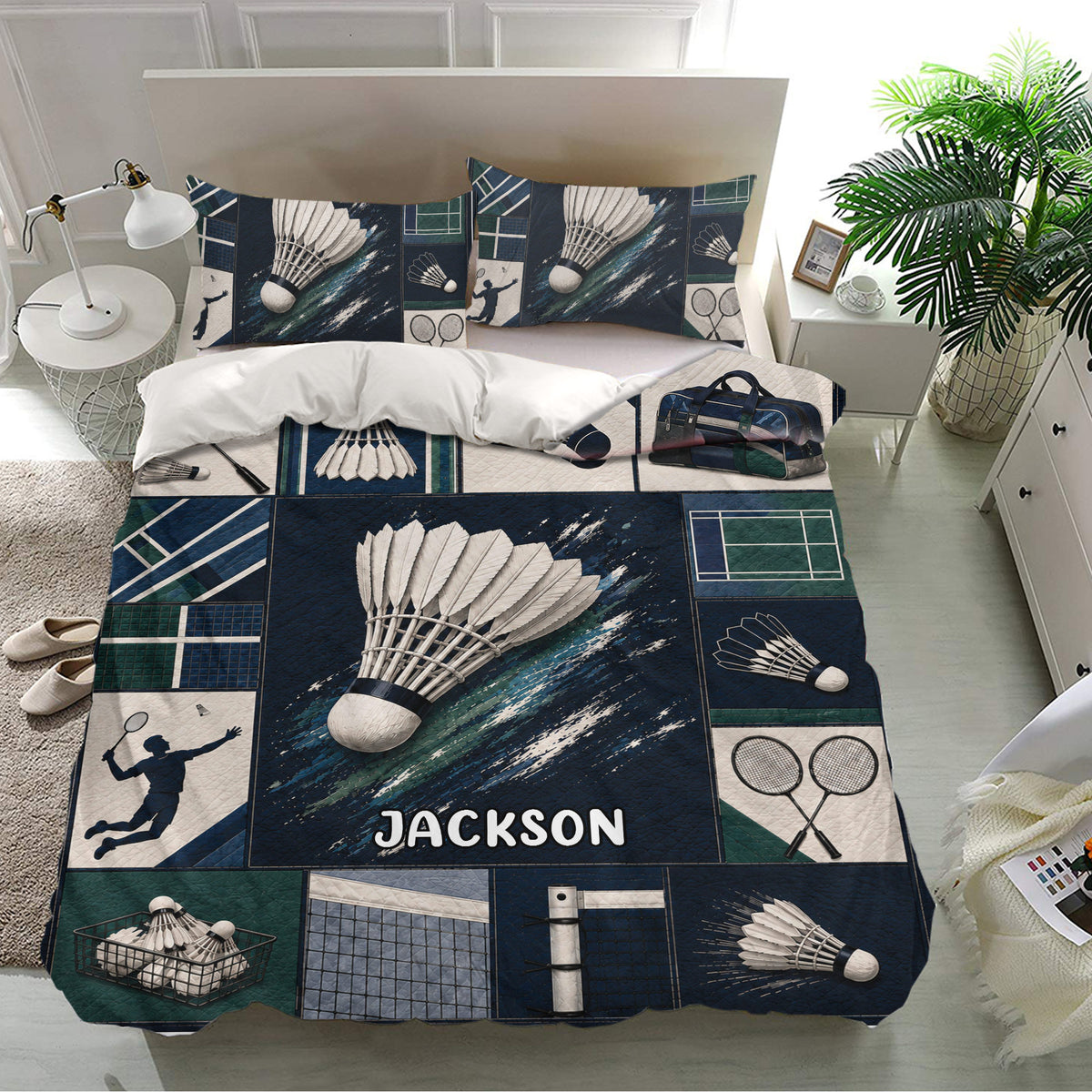 Badminton bedding set displayed in a bright bedroom with shuttlecock, racket, and sports bag details