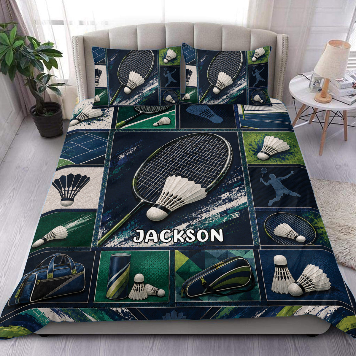 Badminton duvet cover set displayed on a bed with racket, shuttlecock, and deep blue green sports artwork