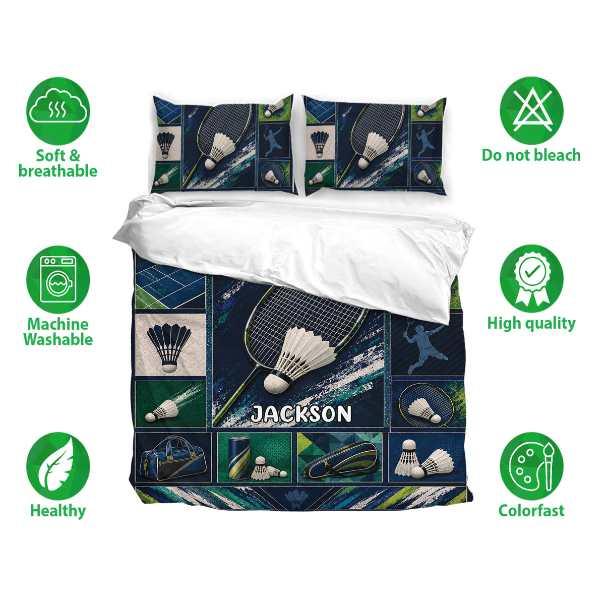 Badminton bedding set with matching pillowcases, racket and shuttlecock collage, and breathable fabric feature icons