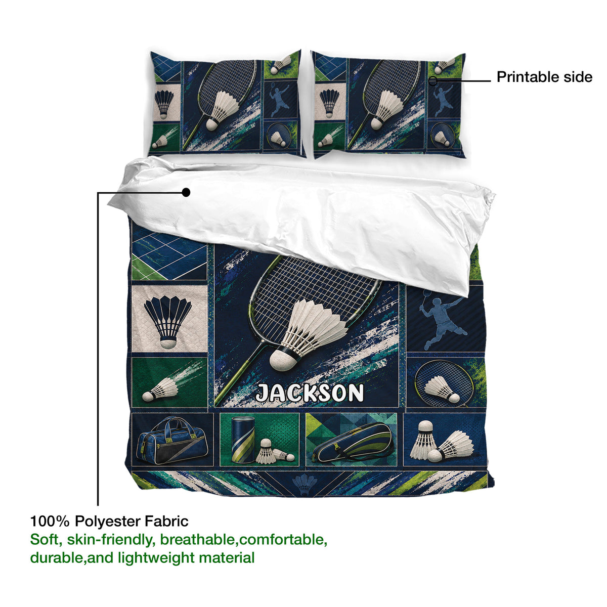 Badminton duvet cover set showing printed side, white reverse, matching pillowcases, and lightweight polyester fabric