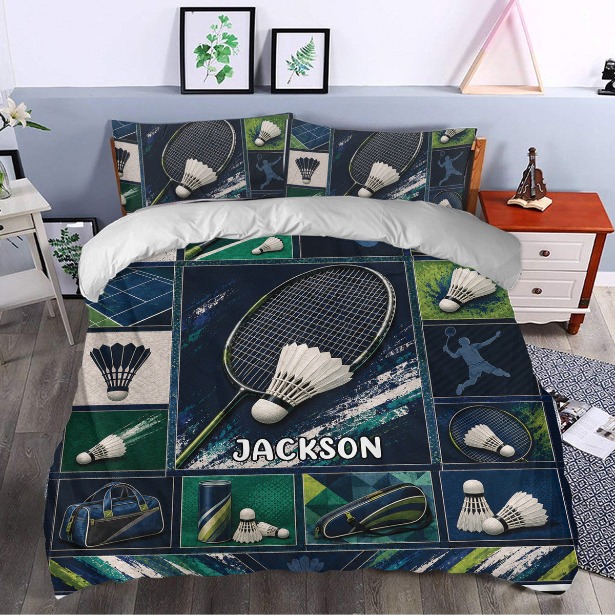 Badminton duvet cover bedding set styled in a bedroom with bold racket, shuttlecock, and player artwork