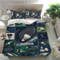 Badminton bedding set displayed in a bright bedroom with matching pillows and colorful court equipment graphics