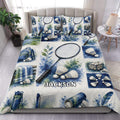 Custom badminton duvet cover set displayed on a bed with blue watercolor rackets and shuttlecocks
