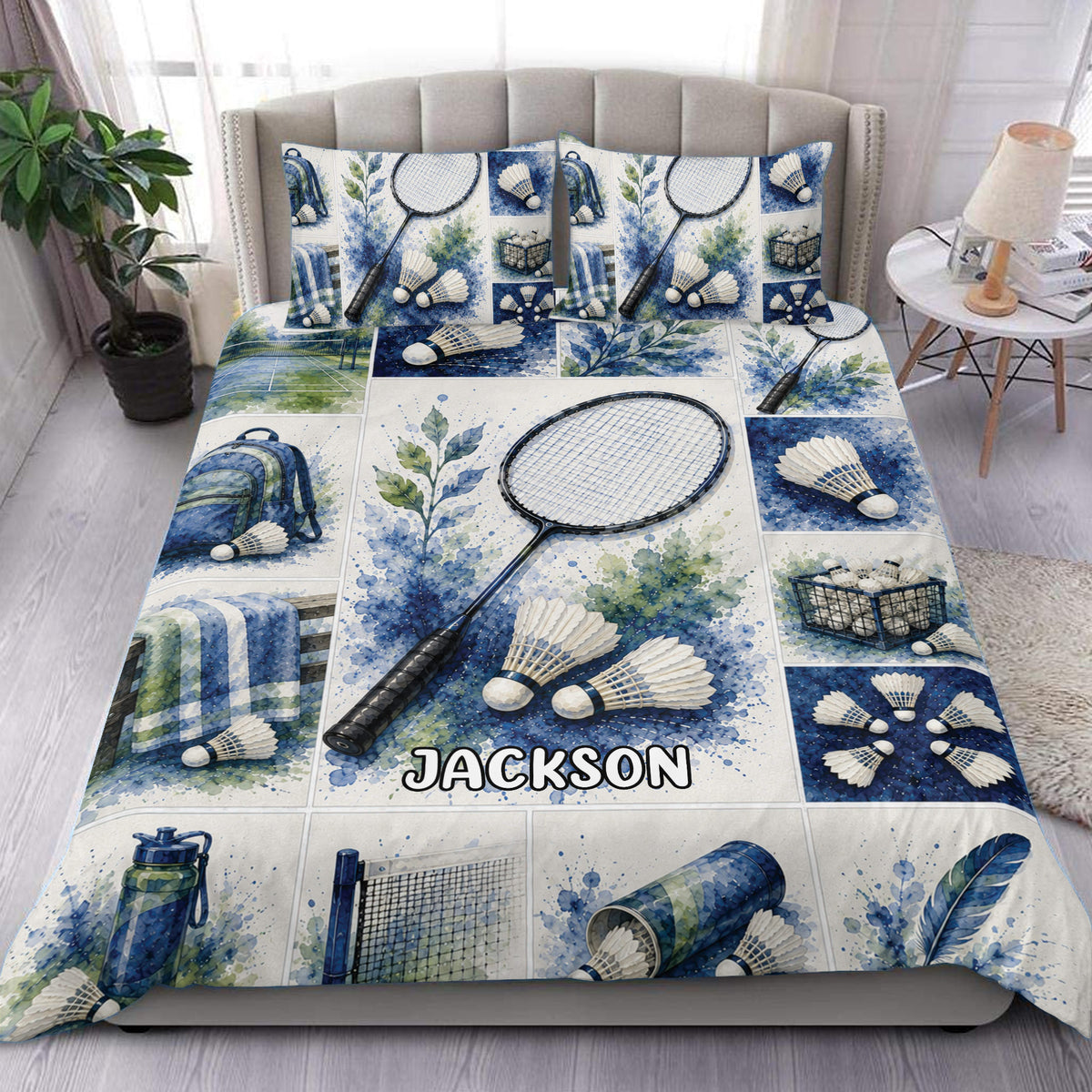 Custom badminton duvet cover set displayed on a bed with blue watercolor rackets and shuttlecocks