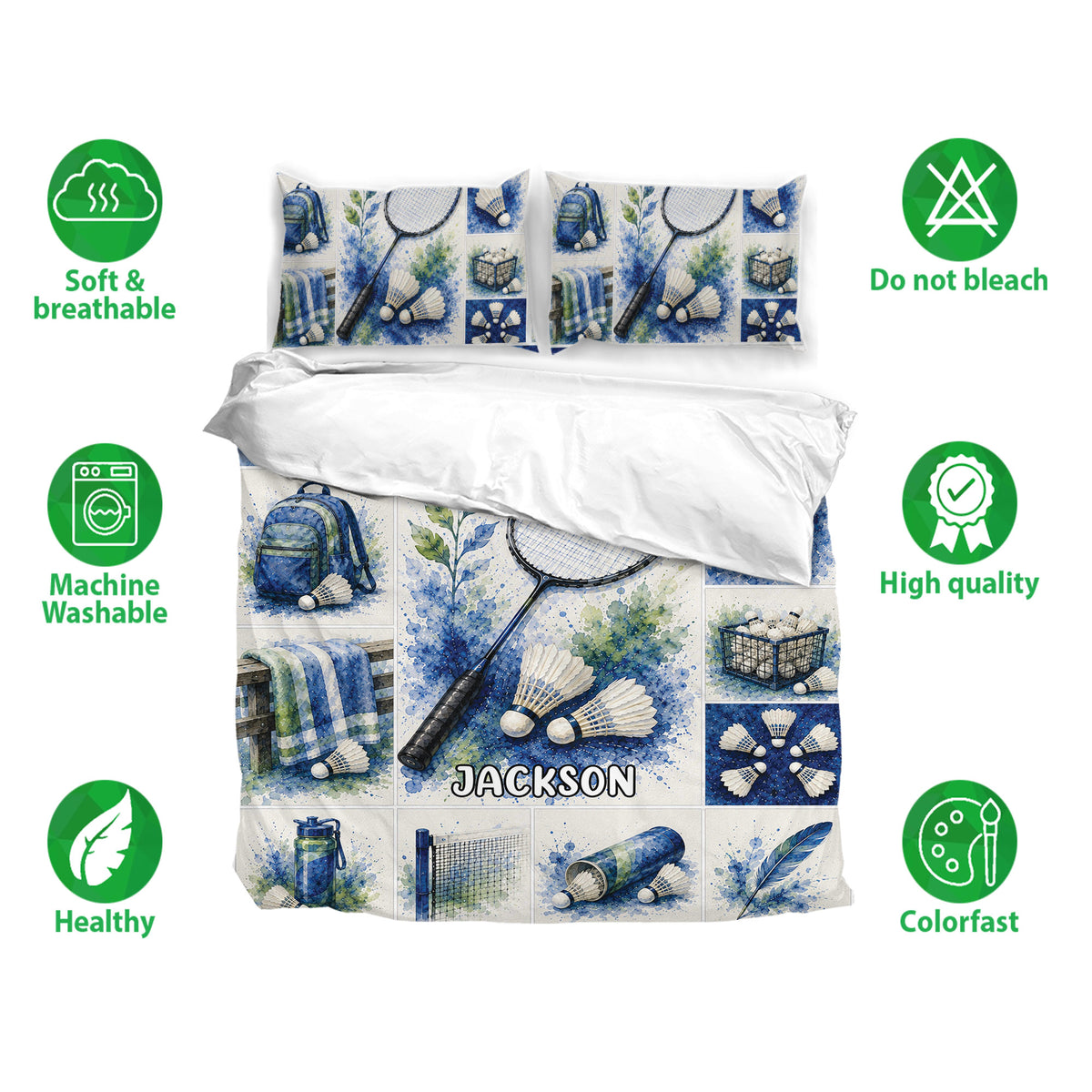 Badminton duvet cover bedding set with matching pillowcases in a blue watercolor sports design