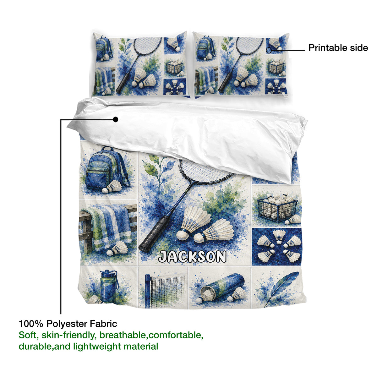 Badminton duvet cover set detail showing printed artwork and soft polyester fabric