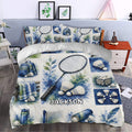 Blue badminton duvet cover bedding set styled in a bedroom with rackets and shuttlecocks