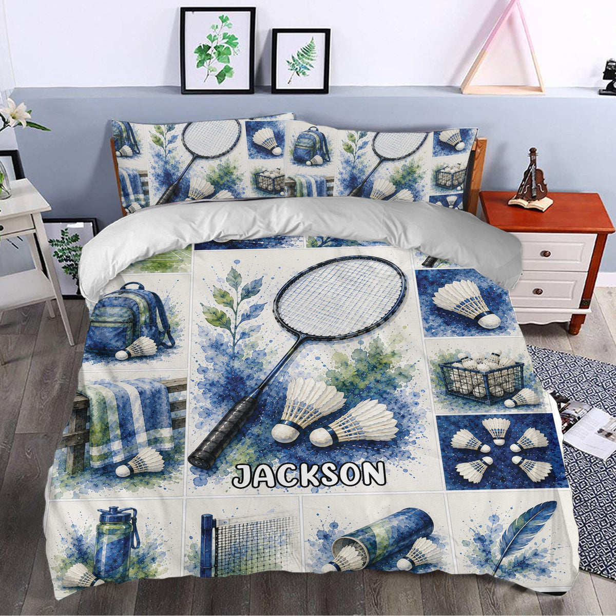 Blue badminton duvet cover bedding set styled in a bedroom with rackets and shuttlecocks