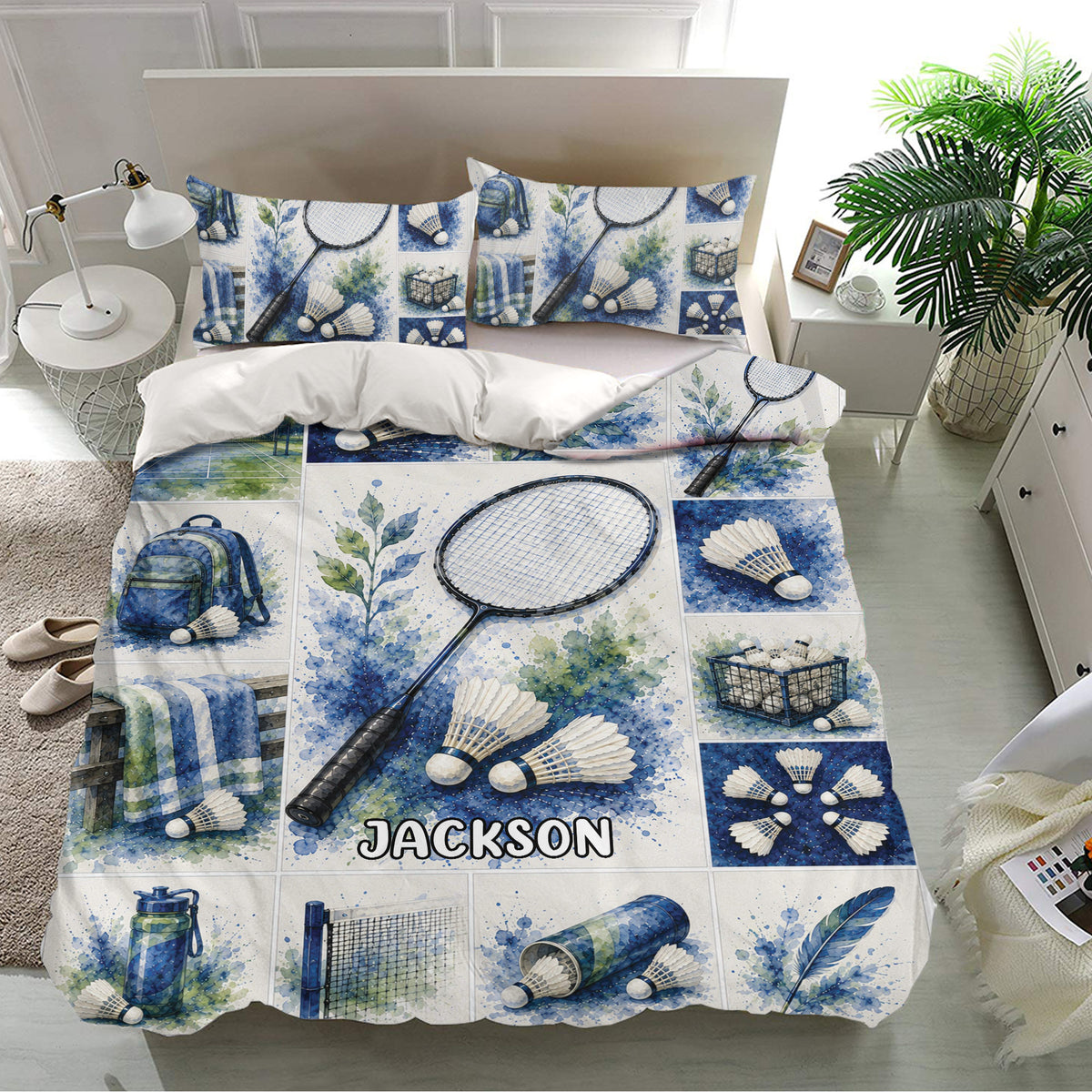 Badminton bedding set displayed in a bright bedroom with watercolor sports artwork