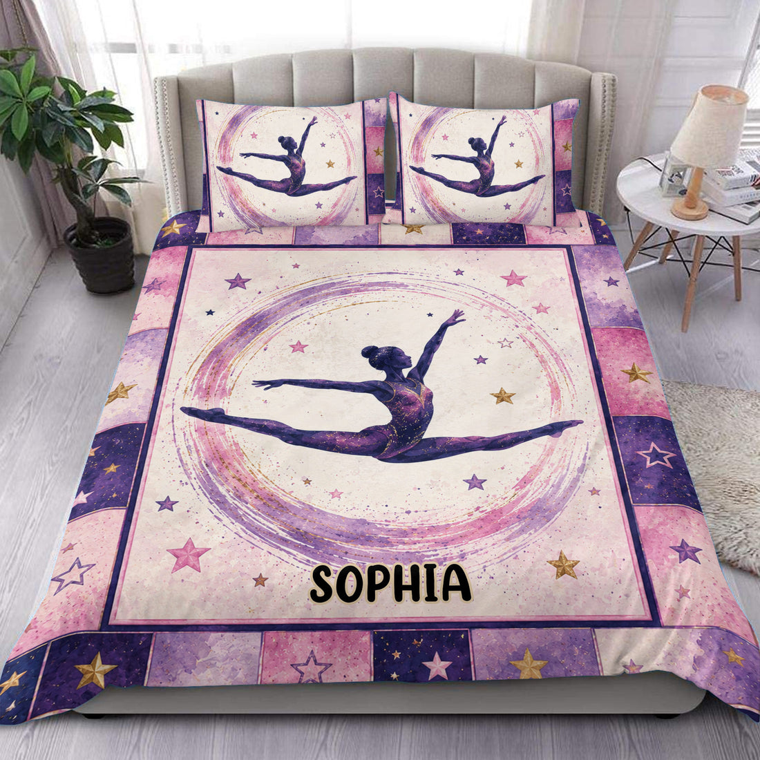 Gymnastics duvet cover set displayed on a bed with a custom design, purple and pink stars, and an athletic gymnast