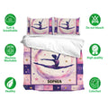 Gymnastics bedding set with matching pillowcases, a purple and pink gymnast design, star accents, and soft breathable fabric