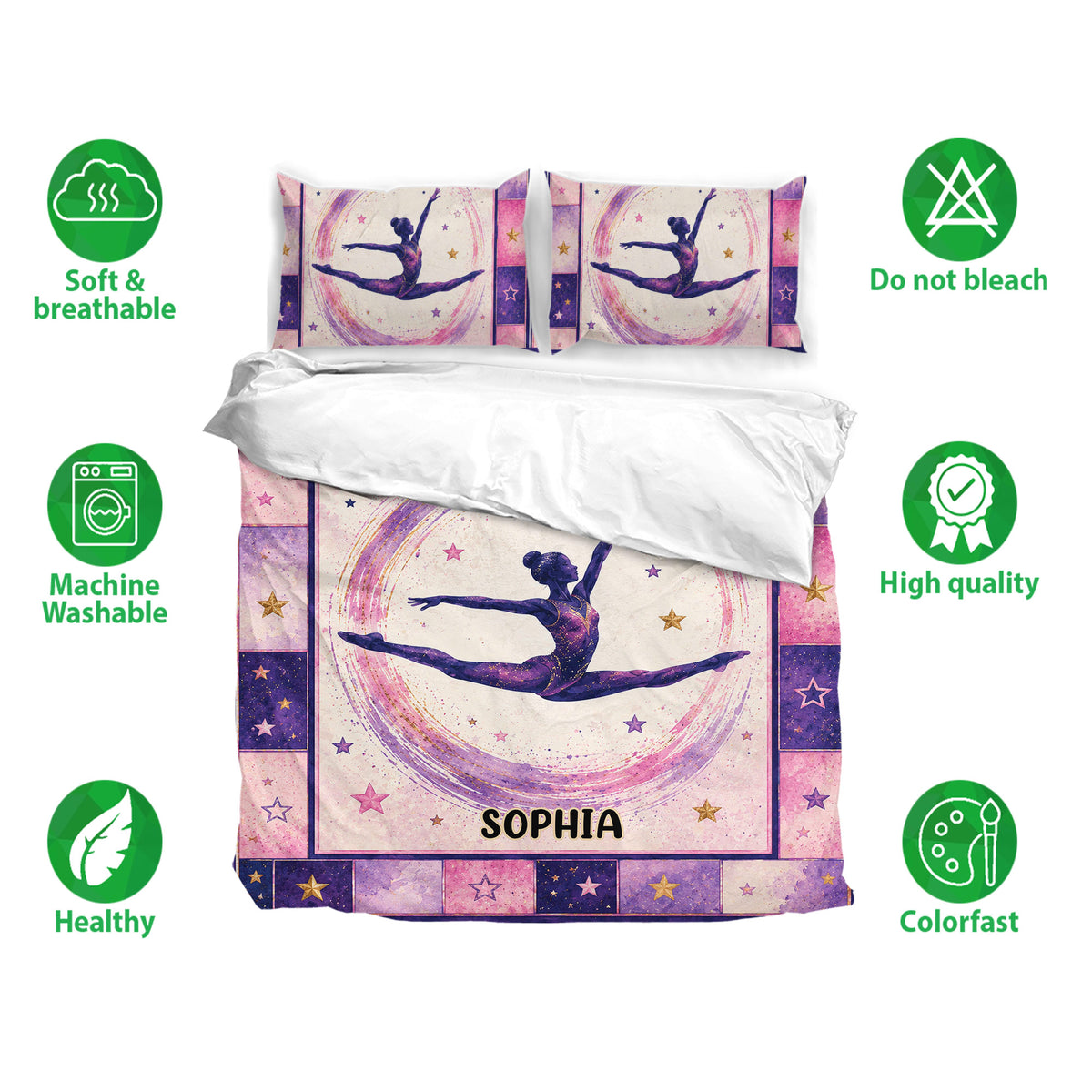 Gymnastics bedding set with matching pillowcases, a purple and pink gymnast design, star accents, and soft breathable fabric