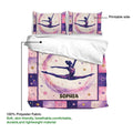 Gymnastics duvet cover detail showing the printed side, polyester fabric, and a starry purple and pink gymnast artwork
