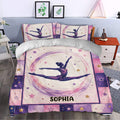 Gymnastics duvet cover set styled in a bedroom with a large gymnast design, watercolor rings, stars, and purple borders
