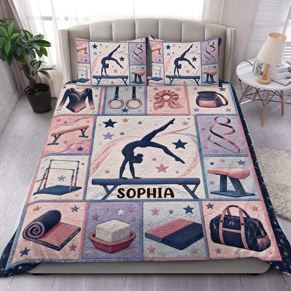 Gymnastics duvet cover set displayed on a bed with pastel stars, gym equipment, and artistic gymnastics artwork