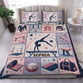 Gymnastics duvet cover set displayed on a bed with pastel stars, gym equipment, and artistic gymnastics artwork