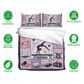 Gymnastics bedding set shown with matching pillowcases, pastel athletic artwork, and soft breathable design icons