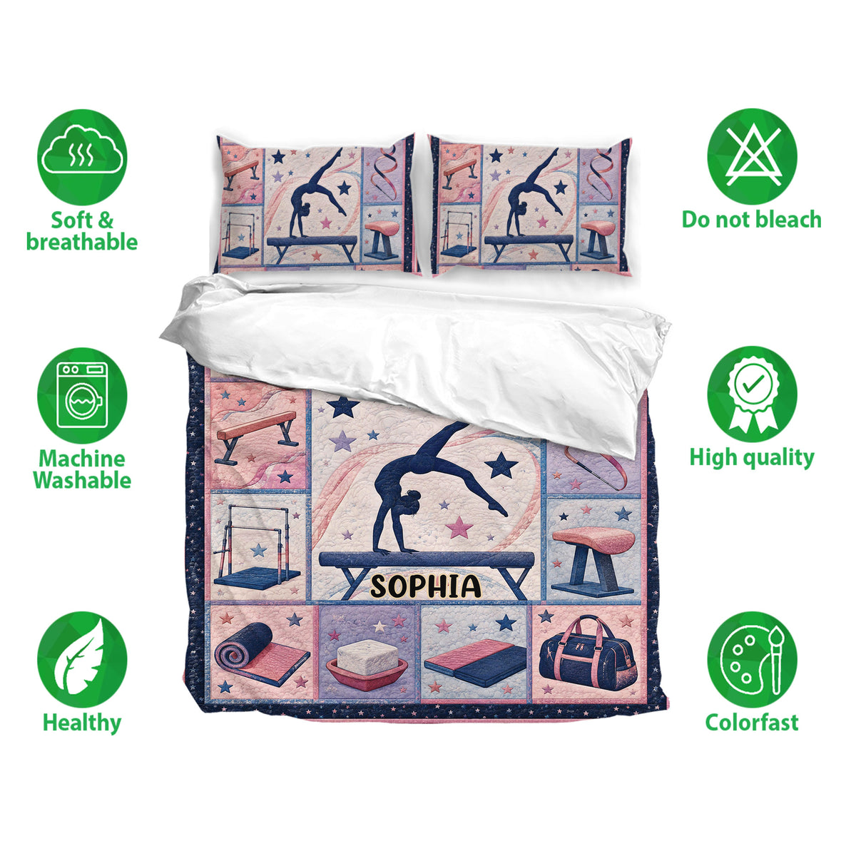 Gymnastics bedding set shown with matching pillowcases, pastel athletic artwork, and soft breathable design icons