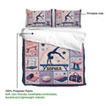 Gymnastics duvet cover bedding set showing the printed side with athlete silhouettes, equipment, and pastel star details