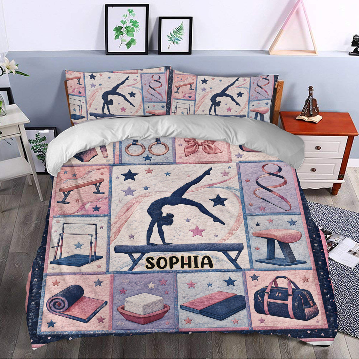 Pastel gymnastics duvet cover styled in a bedroom with artistic gymnastics silhouettes, equipment, and star accents