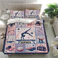 Gymnastics bedding set in a bright bedroom featuring athletes, balance beams, rings, mats, and pastel colors