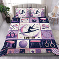 Gymnastic duvet cover bedding set in pink, purple, and navy with gymnast artwork and apparatus panels