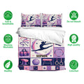 Gymnastic bedding set displayed on a bed with gymnast silhouettes, stars, ribbons, rings, and soft pastel colors