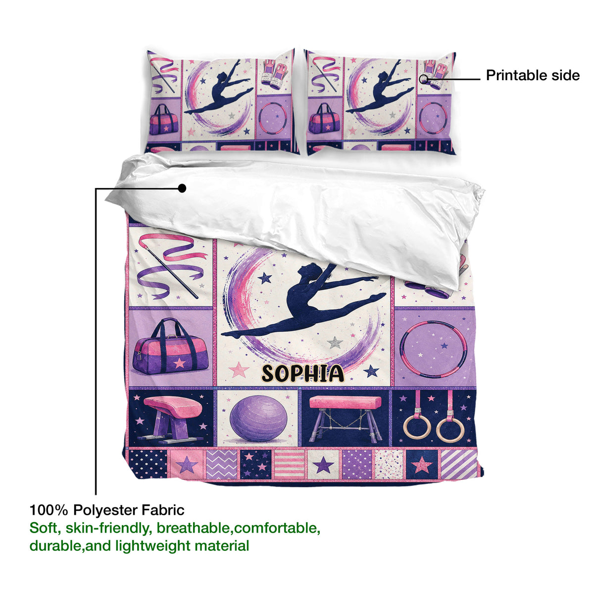 Gymnastic duvet cover set showing a printable artwork surface with gymnast and apparatus collage design