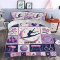 Gymnastic duvet cover styled in a bedroom with gymnast artwork, colorful stars, ribbons, and apparatus details
