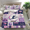 Gymnastic bedding set with matching pillowcases, gymnast silhouette, pink and purple accents, and starry artwork