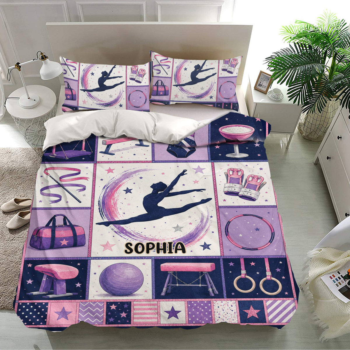 Gymnastic bedding set with matching pillowcases, gymnast silhouette, pink and purple accents, and starry artwork