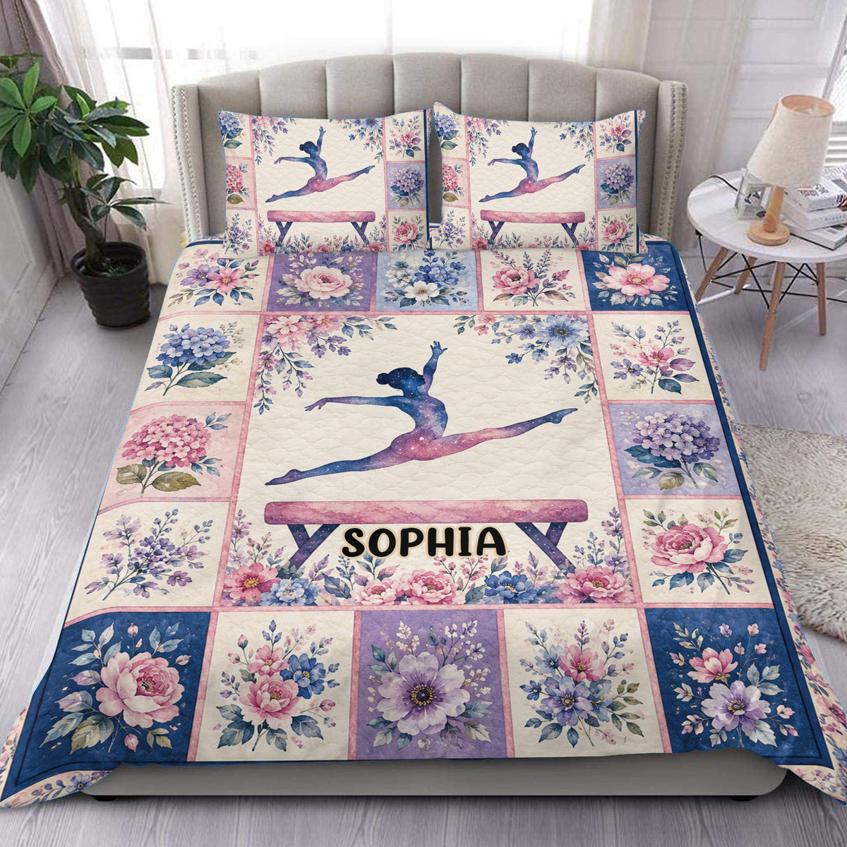 Floral gymnastics duvet cover set displayed on a bed with a graceful gymnast design and pastel blooms