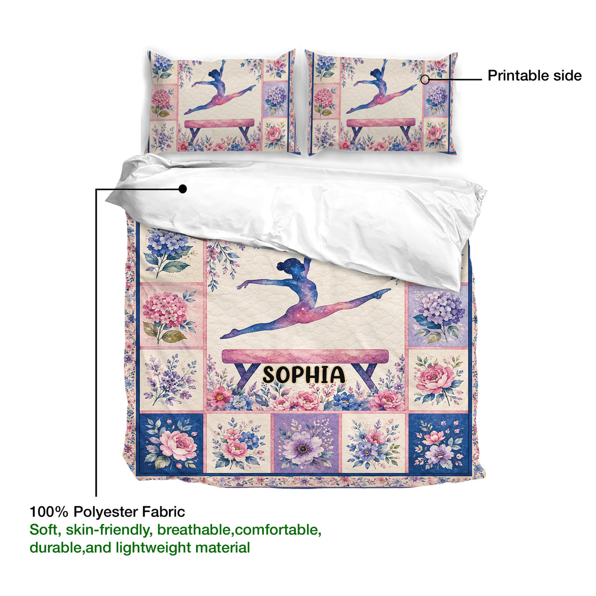 Floral gymnastics duvet cover shown partially opened with a colorful gymnast artwork and printable side