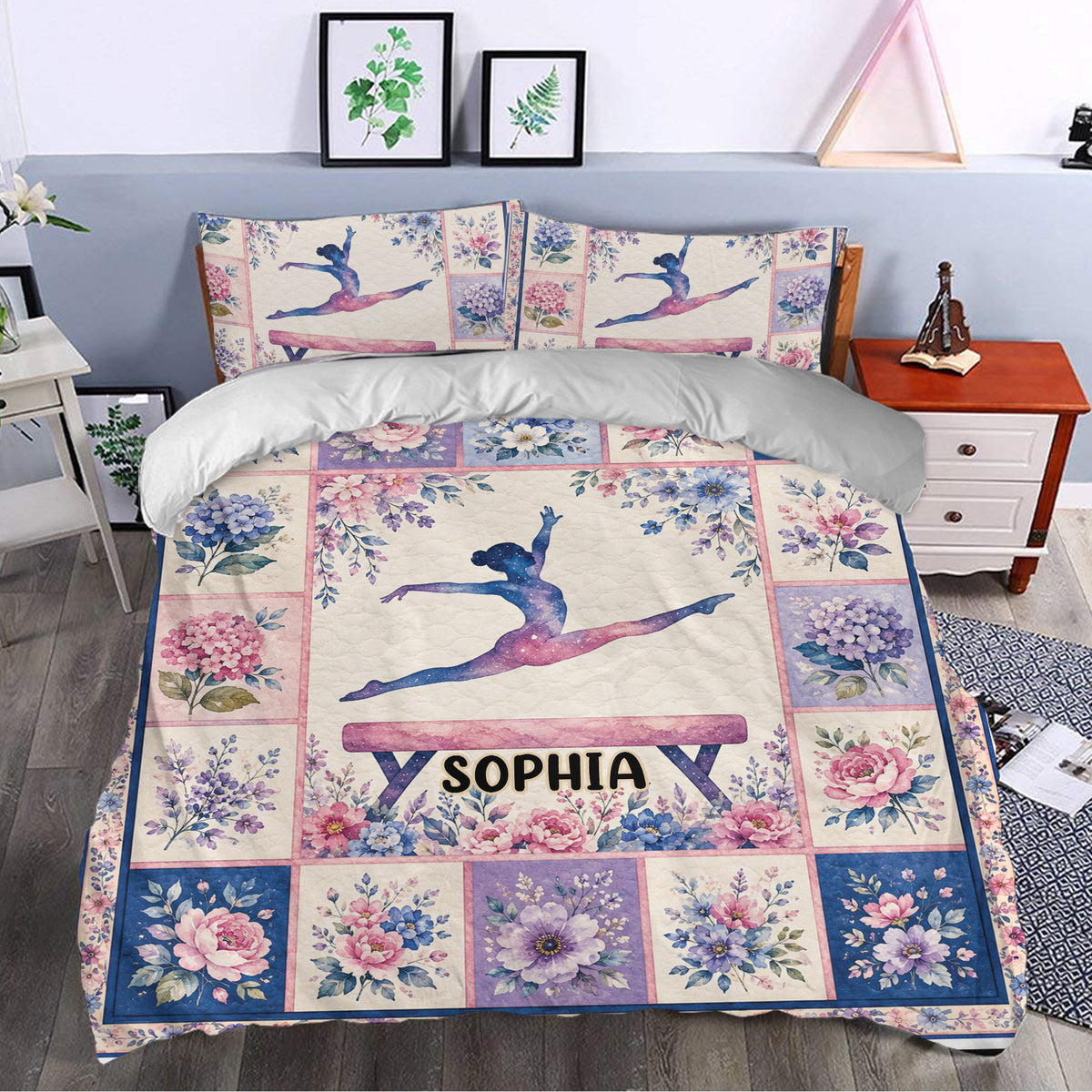 Pastel floral gymnastics duvet cover styled in a bright bedroom with matching gymnast pillowcases